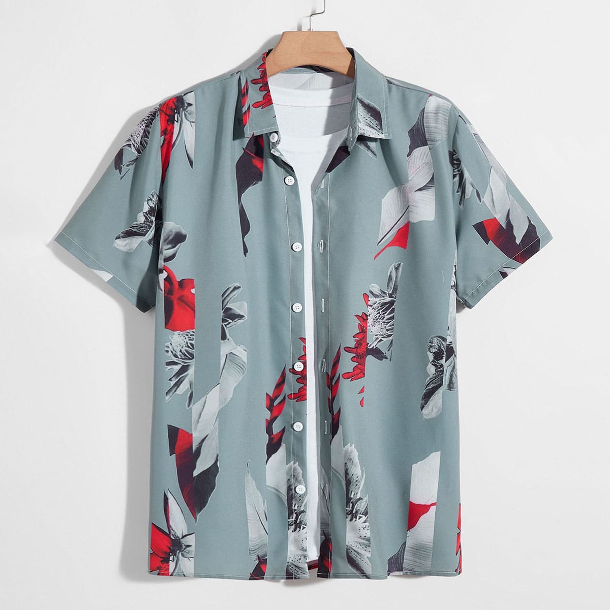 

Guys Flower Print Button Through Shirt, Grey