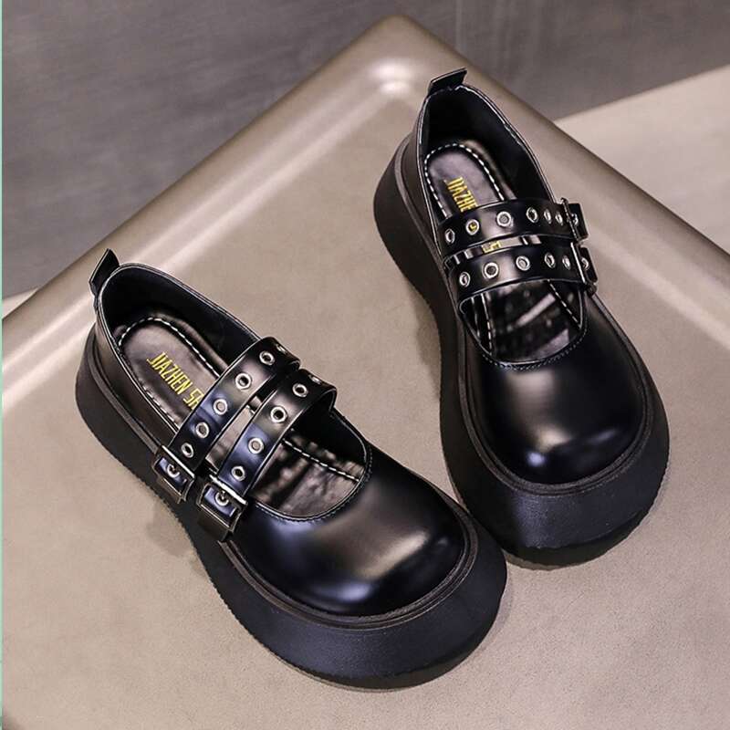 

Grommet Buckle Flatform Mary Janes, Black
