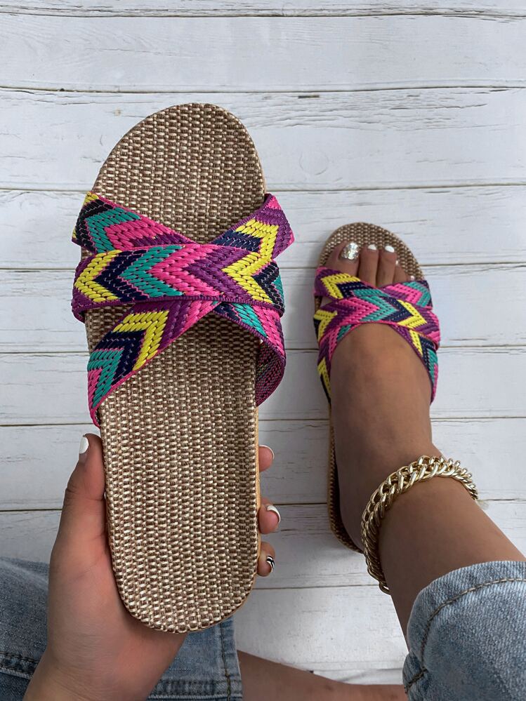 Women's Asymmetrical Chain Decor Straw Sole Sandals, Vacation Style Breathable Non-Slip Lightweight Summer Linen Slippers, Multi Color - Multicolor - View 1