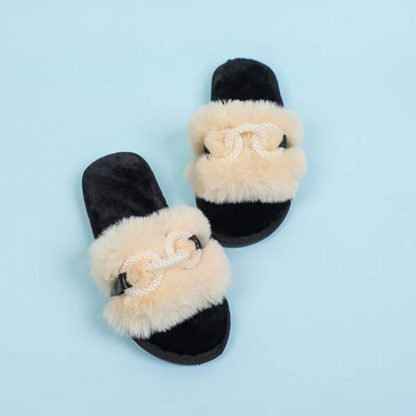 

Faux Pearl Decor Fluffy Slippers, Apricot