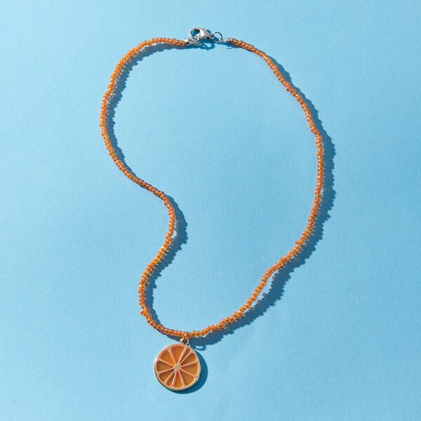 

Round Pendant Beaded Necklace, Orange
