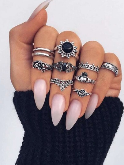 10pcs Flower Engraved Ring