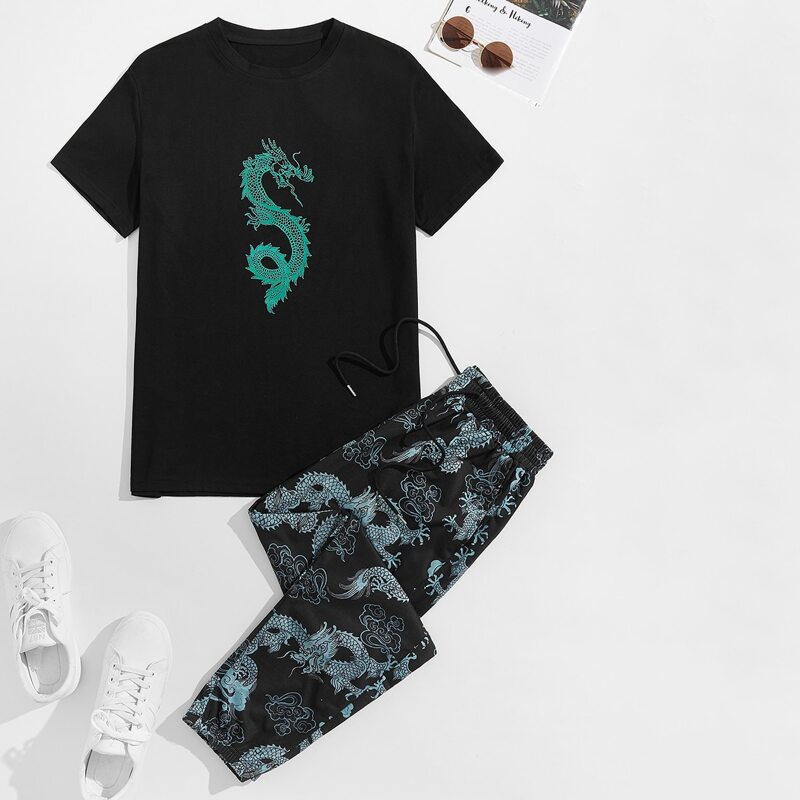 

Guys Chinese Dragon Print Tee With Drawstring Waist Pants, Black