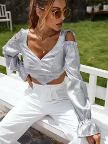 SHEIN Unity Satin Tie Backless Cold Shoulder Flounce Sleeve Top Fall Cloth For Women - Grey - View 1