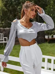 SHEIN Unity Satin Tie Backless Cold Shoulder Flounce Sleeve Top Fall Cloth For Women - Grey - View 3