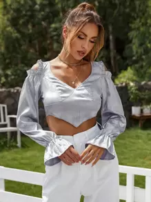 SHEIN Unity Satin Tie Backless Cold Shoulder Flounce Sleeve Top Fall Cloth For Women - Grey - View 6