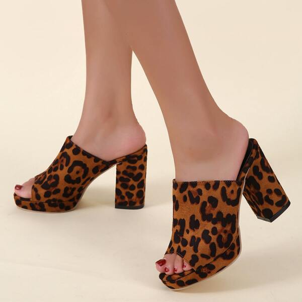 

Leopard Graphic Chunky Sandals Mules, Brown