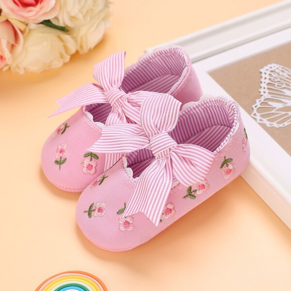 

Baby Floral Embroidery Bow Decor Flats, Pink