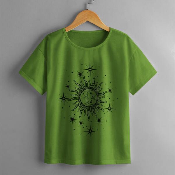 

Girls Sun Print Crew Neck Tee, Olive green