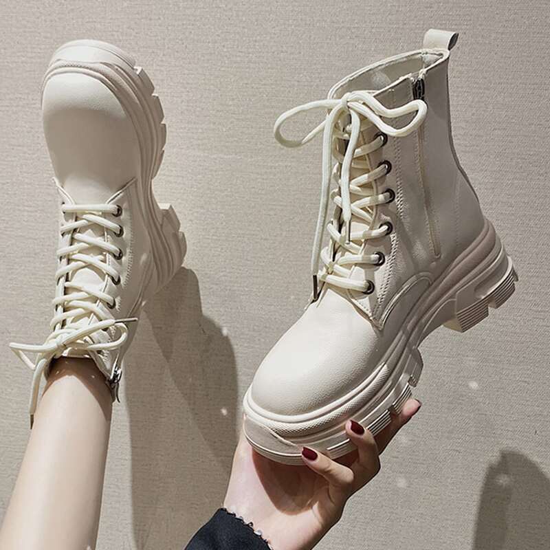 

Side Zipper Lace-up Front Combat Boots, Beige