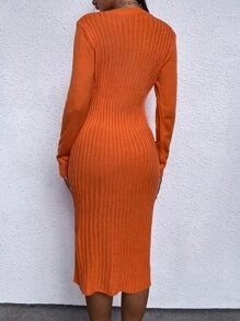 Vestido suéter de canalé bajo con abertura sin cinturón - Naranja - Ver 2