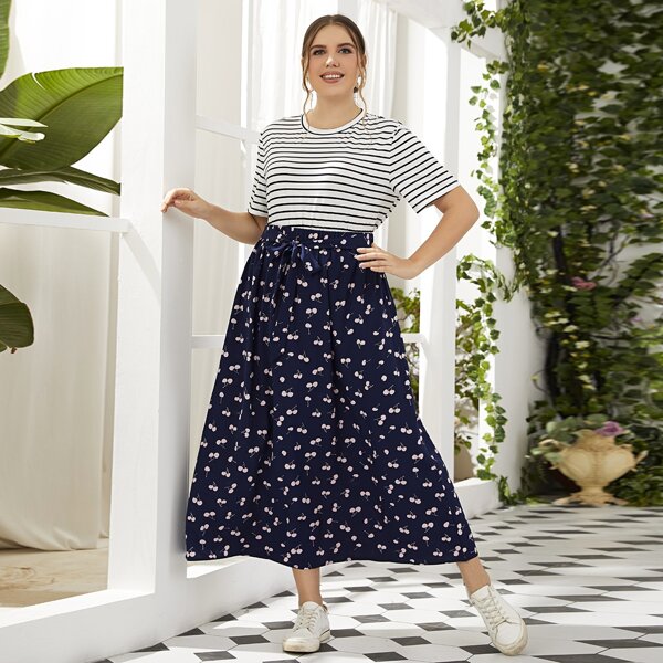 

Plus Striped Tee & Cherry Print Skirt, Multicolor