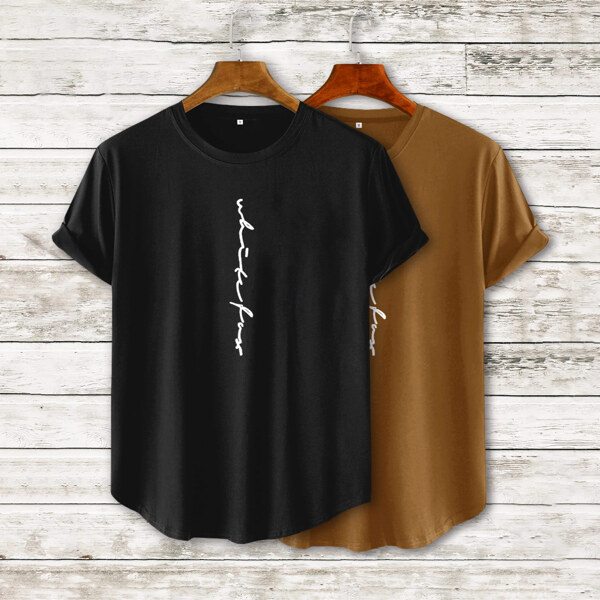 

Men 2 Pack Letter Graphic Curved Hem Tee, Multicolor