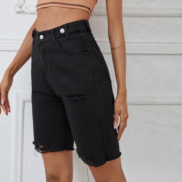 

High Waist Ripped Raw Hem Denim Shorts, Black