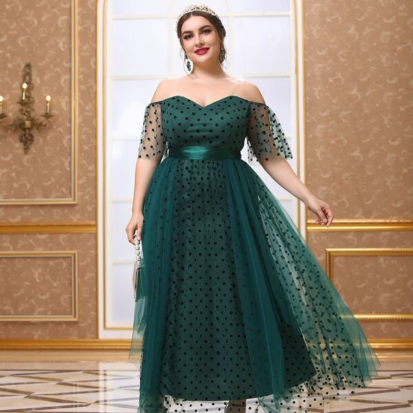 

Plus Polka Dot Mesh Overlay Prom Dress, Dark green