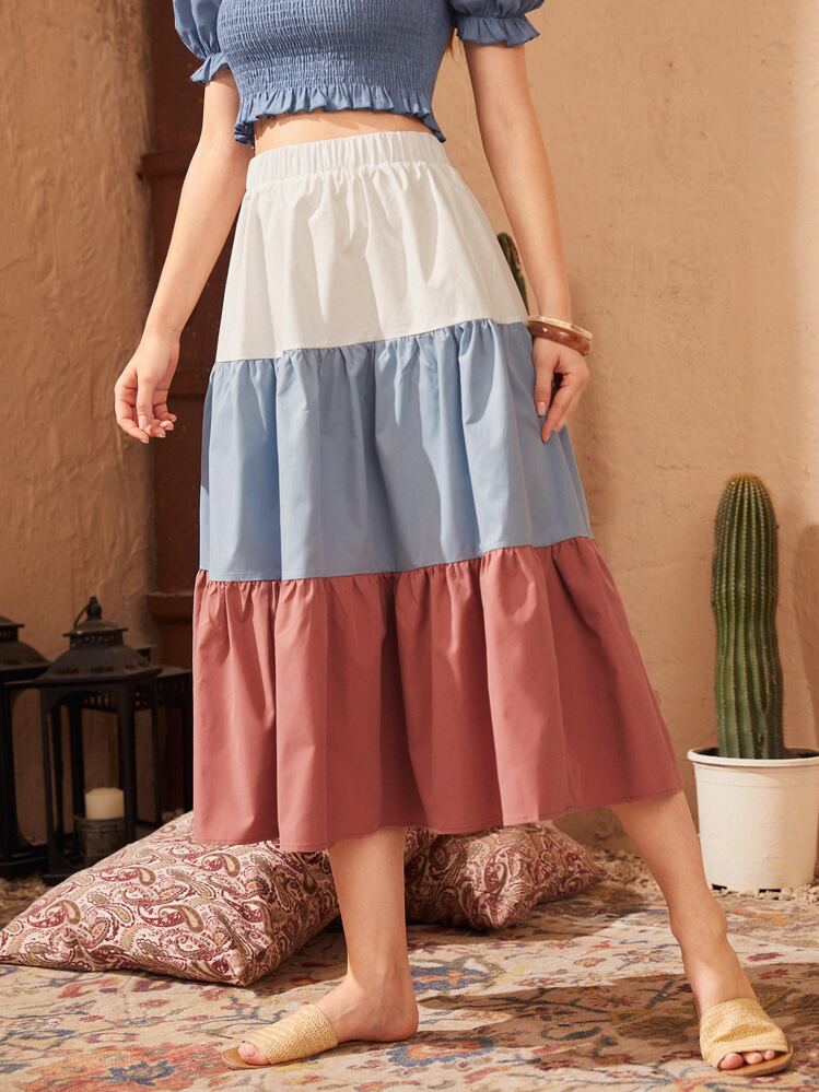 SHEIN Colorblock A-line Skirt - Multicolor - View 1