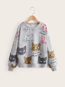 SHEIN Girls Cartoon Cat & Slogan Graphic Drop Shoulder Sweatshirt - Grey - View 1