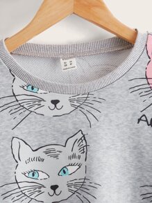 SHEIN Girls Cartoon Cat & Slogan Graphic Drop Shoulder Sweatshirt - Grey - View 3