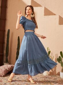 Mulvari Guipure Lace Trim Puff Sleeve Shirred Top & Ruffle Hem Skirt - Dusty Blue - View 1
