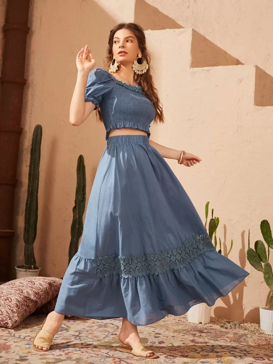 Mulvari Guipure Lace Trim Puff Sleeve Shirred Top & Ruffle Hem Skirt - Dusty Blue - View 1