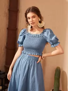 Mulvari Guipure Lace Trim Puff Sleeve Shirred Top & Ruffle Hem Skirt - Dusty Blue - View 4