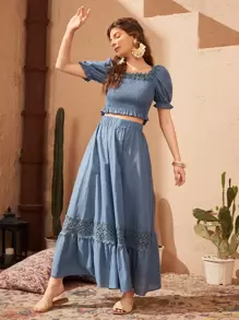 Mulvari Guipure Lace Trim Puff Sleeve Shirred Top & Ruffle Hem Skirt - Dusty Blue - View 5