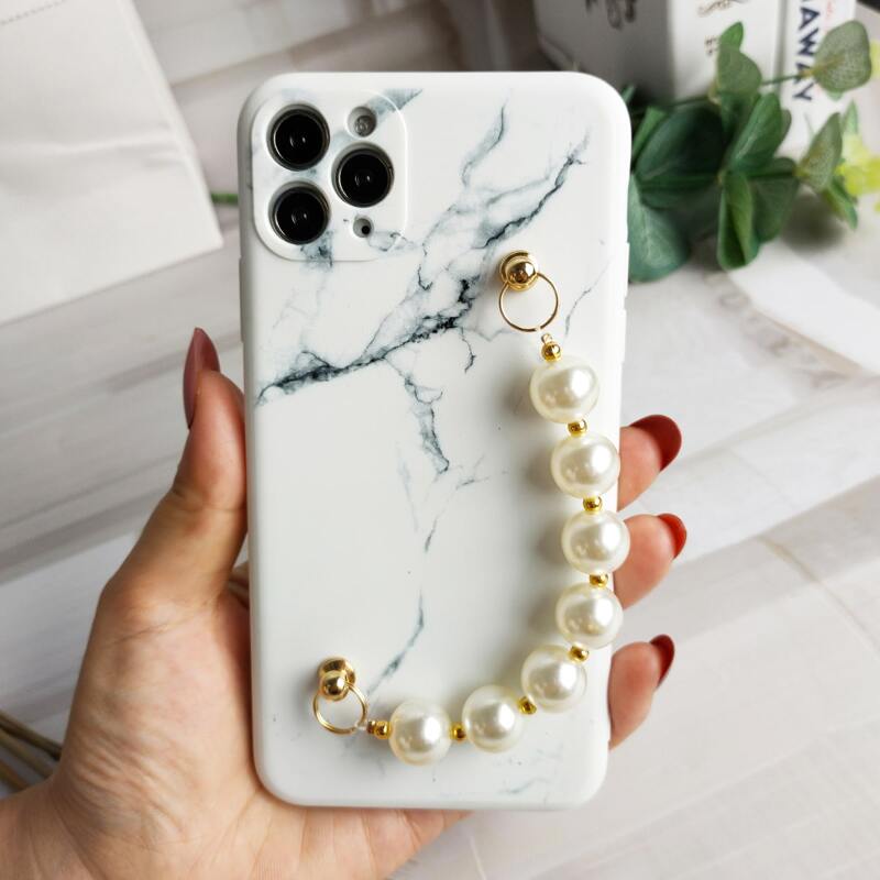 

Marble Pattern Phone Case With Faux Pearl Hand Strap, White
