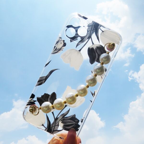

Flower Print Phone Case With Faux Pearl Hand Strap, Clear