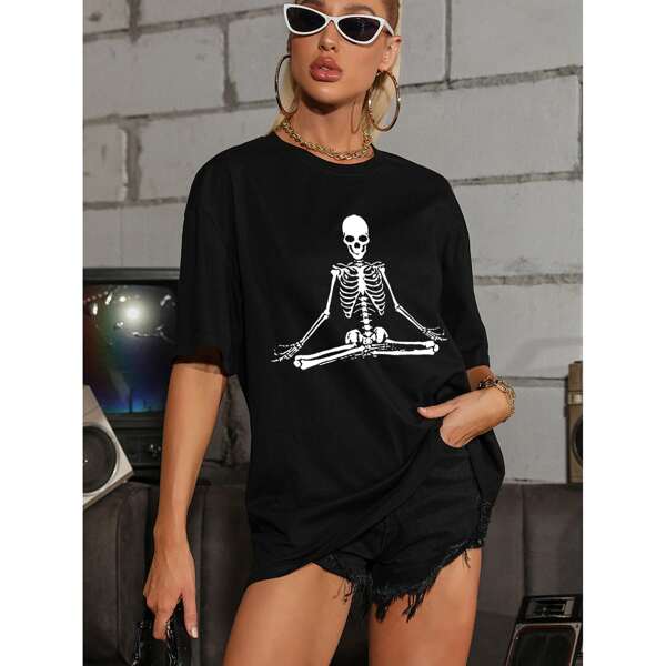 

Skull Print Oversized Tee, Black