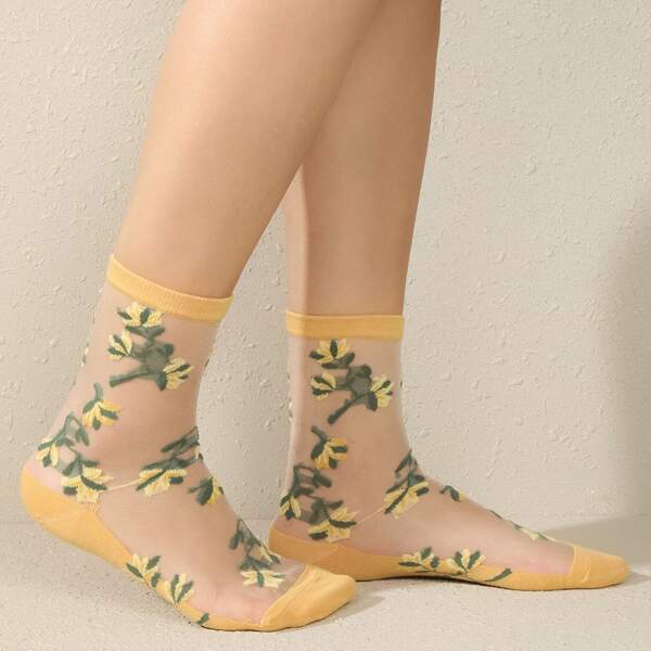 

Flower Pattern Crew Socks, Orange