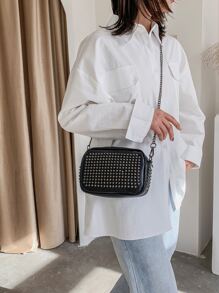 極簡風格鉚釘裝飾方包 - 黑色 - 查看 7