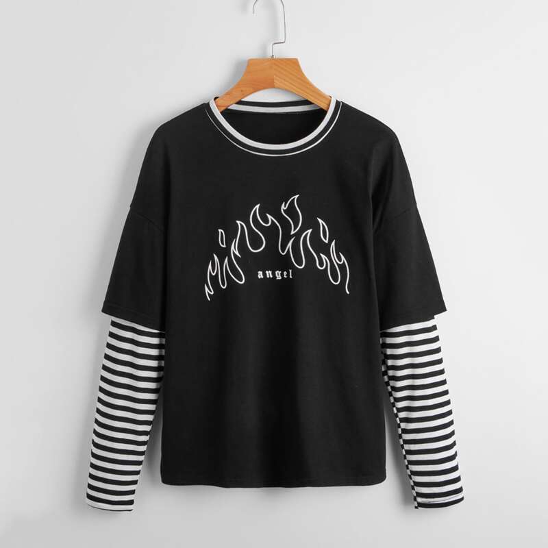 

Fire & Striped Print 2 In 1 Tee, Black