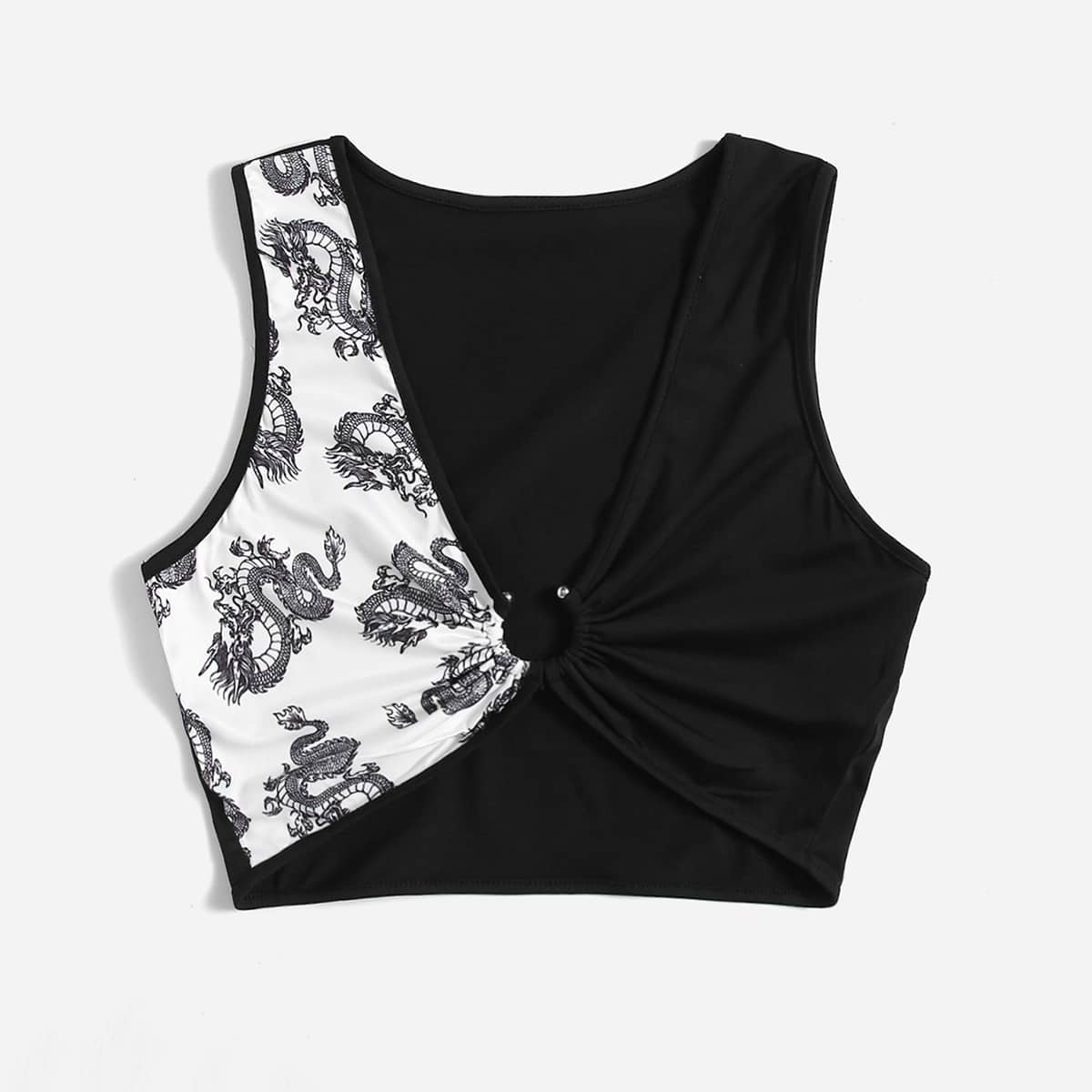 

Chinese Dragon Print Ring Detail Tank Top, Black