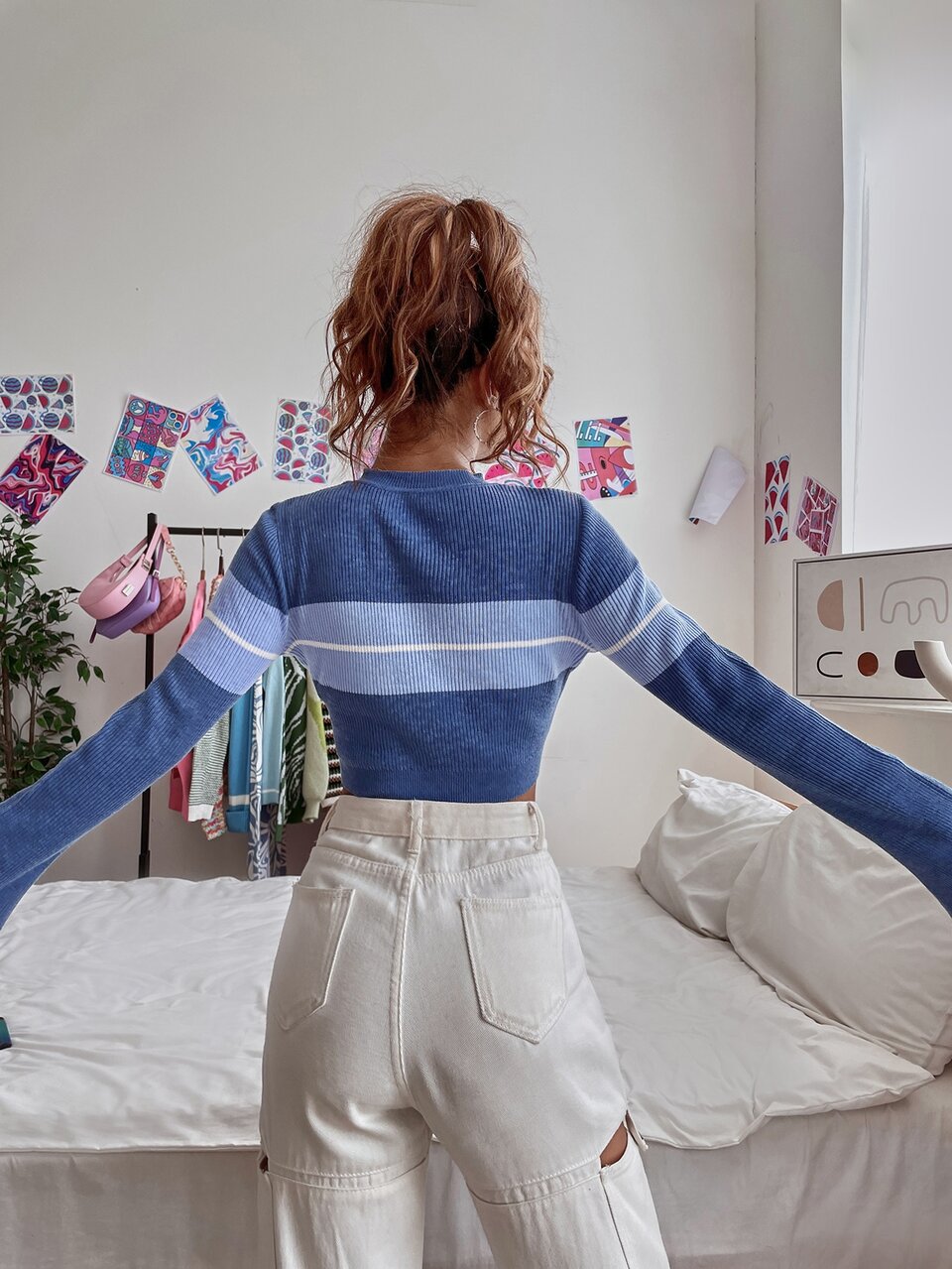 Striped Pattern Colorblock Crop Sweater Knit Pullover Fall Winter