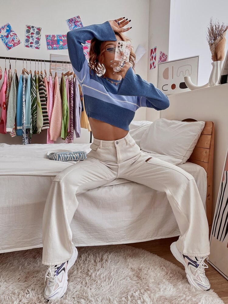 Striped Pattern Colorblock Crop Sweater Knit Pullover Fall Winter