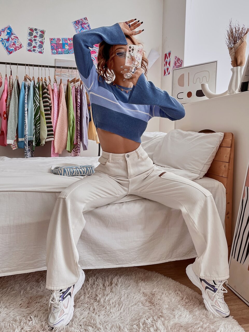 Striped Pattern Colorblock Crop Sweater Knit Pullover Fall Winter