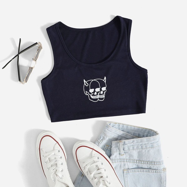 

Skull Print Crop Tank Top, Navy blue