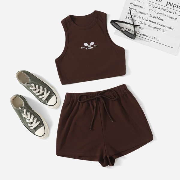 

Tennis Racket & Letter Graphic Tank Top & Shorts, Coffee brown