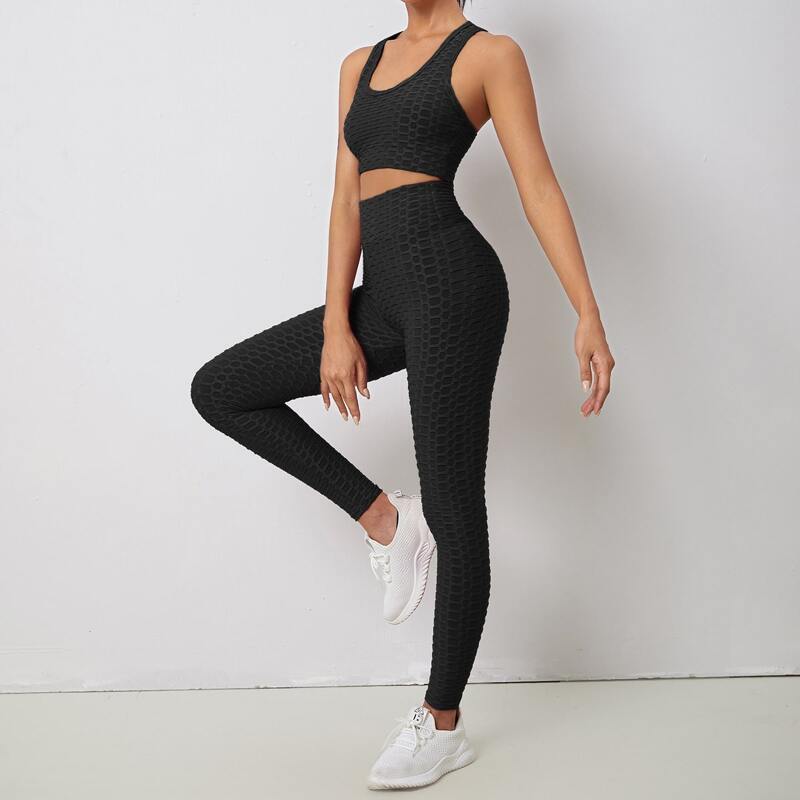

Honeycomb Textured Breathable Sports Bra & Sports Leggings Set, Black