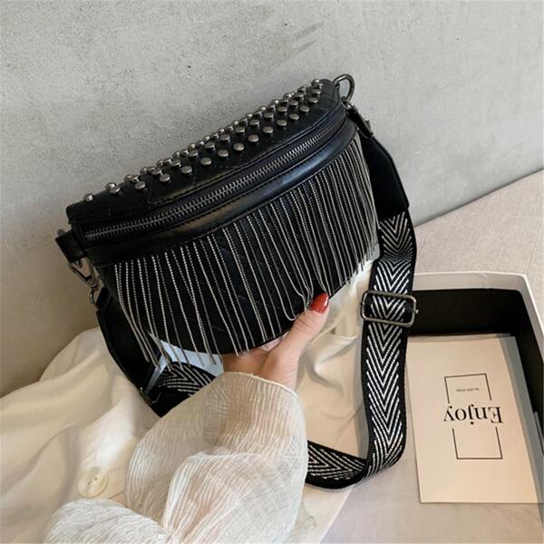 

Minimalist Studded & Tassel Decor Saddle Bag, Black