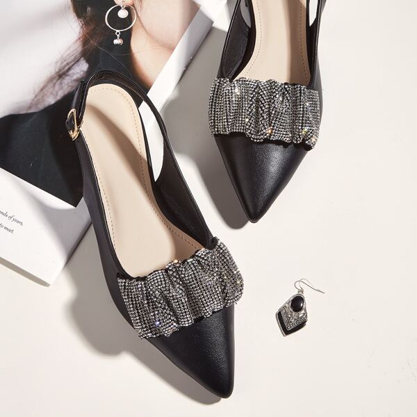 

Rhinestone Decor Slingback Flats, Black