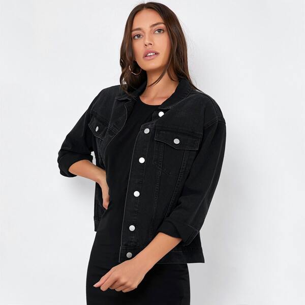 

Drop Shoulder Denim Trucker Jacket, Black