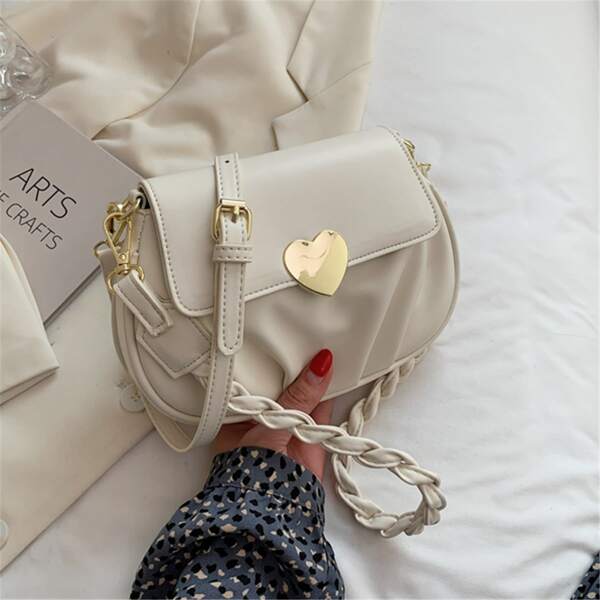 

Metal Heart Decor Saddle Bag, Beige