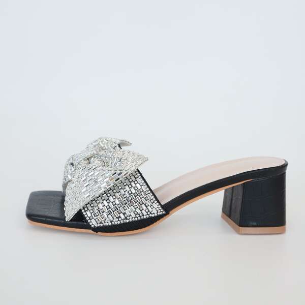 

Glitter Bow Decor Chunky Heeled Slide Sandals, Black