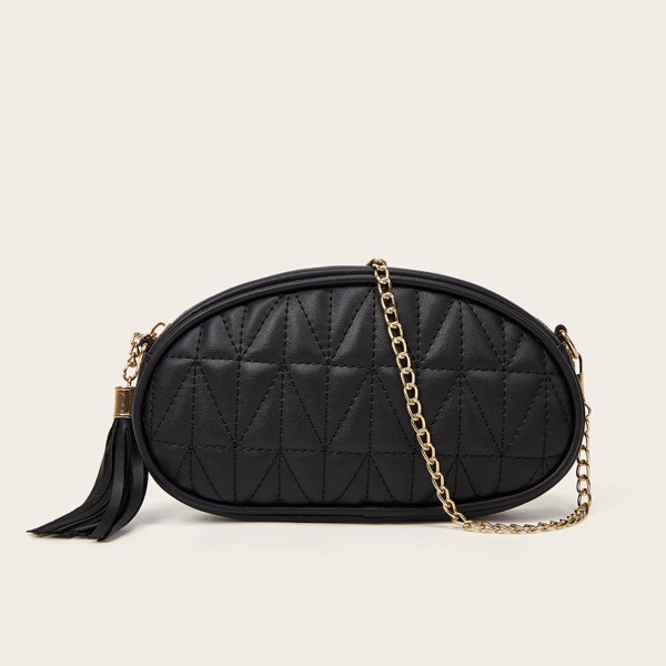 

Minimalist Tassel Decor Quilted Dome Bag, Black