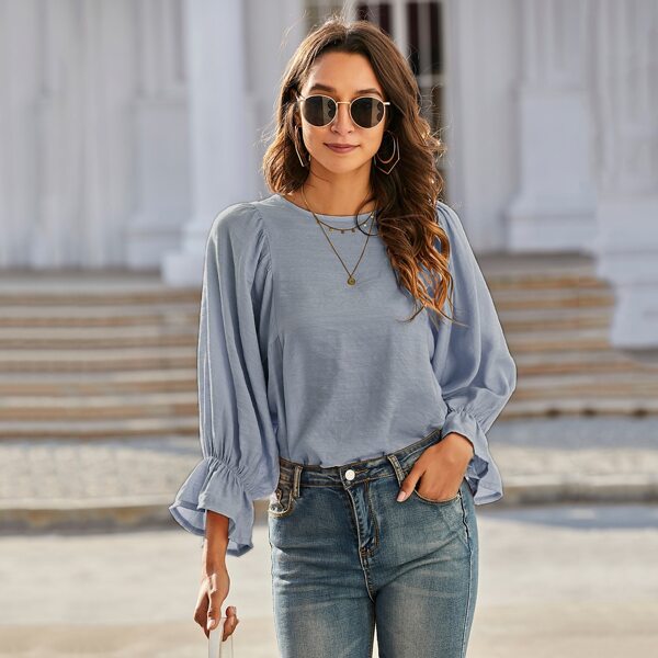 

Solid Keyhole Back Flounce Sleeve Blouse, Dusty blue