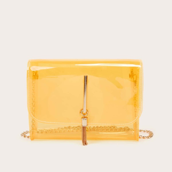 

Tassel Decor Clear Flap Square Bag, Orange