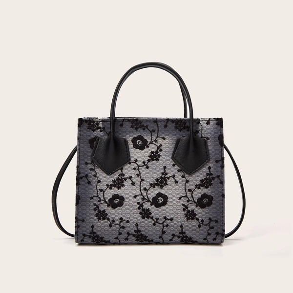 

Floral Embroidery Satchel Bag, Black
