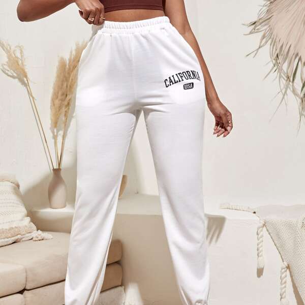 

Letter Graphic Elastic Waist Sweatpants, White