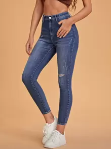 High Waist Ripped Skinny Jeans - Medium Wash - View 1